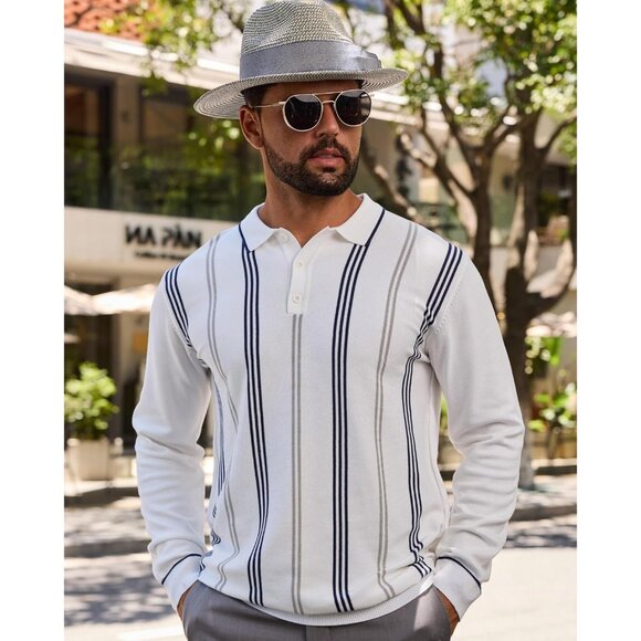 Men's Knit Polo Sweater Long Sleeve Striped Thermal Button Collar Sweater White - Picture 5 of 7